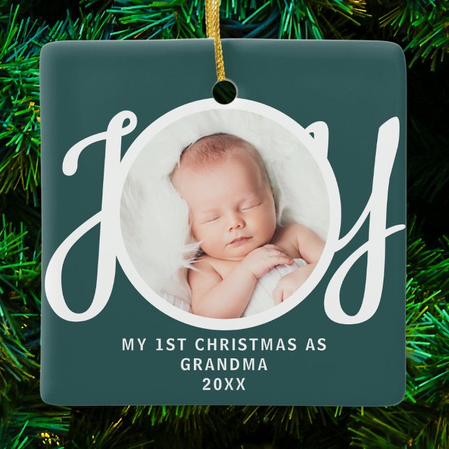 First Christmas As Grandma Photo Keepsake Green Ceramic Ornament (Creator Uploaded)
