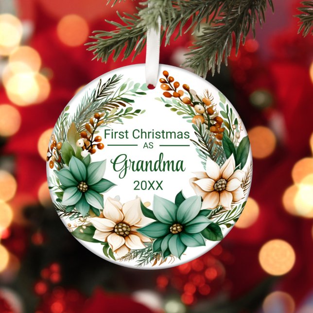 First Christmas as Grandma White Green Poinsettias Ceramic Ornament (Creator Uploaded)