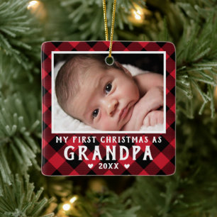 First Christmas as Grandpa Baby Photo Plaid Ceramic Ornament