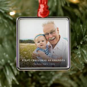 First Christmas As Grandpa Elegant Photo Holiday Metal Ornament
