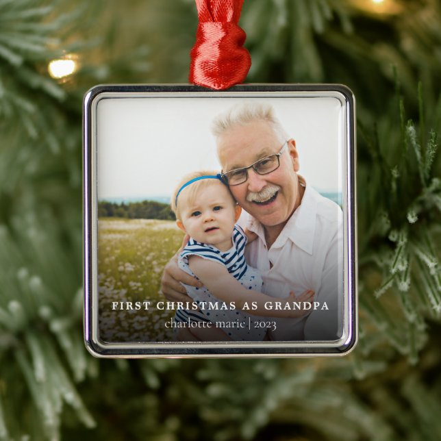 First Christmas As Grandpa Elegant Photo Holiday Metal Ornament (Tree)