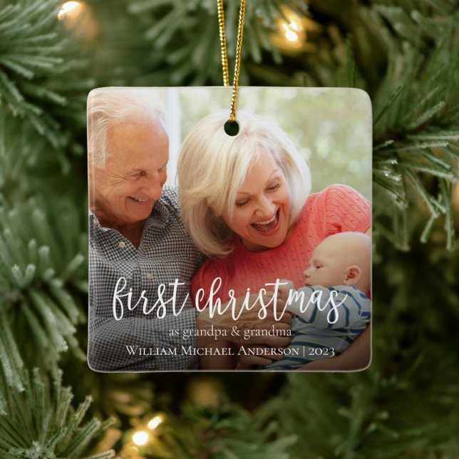 First Christmas as Grandpa & Grandma Baby Photo Ceramic Ornament (Tree)
