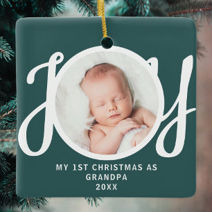 First Christmas As Grandpa Photo Keepsake Green Ceramic Ornament