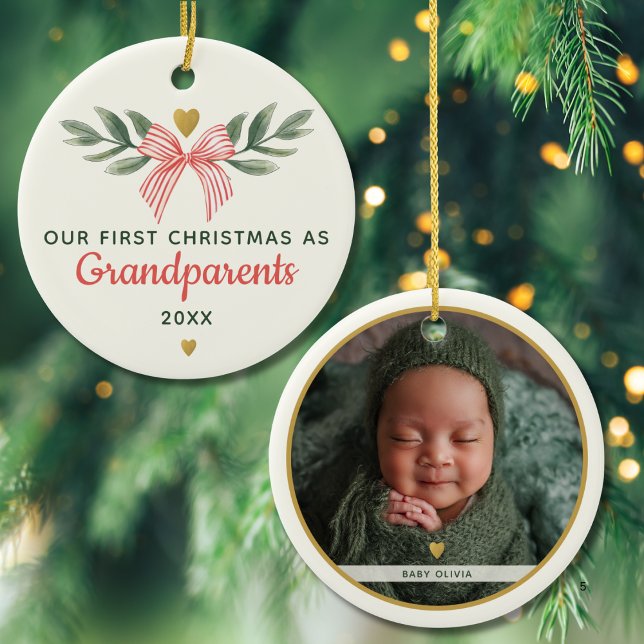 First Christmas As Grandparents Baby Photo Name Ceramic Ornament (Creator Uploaded)