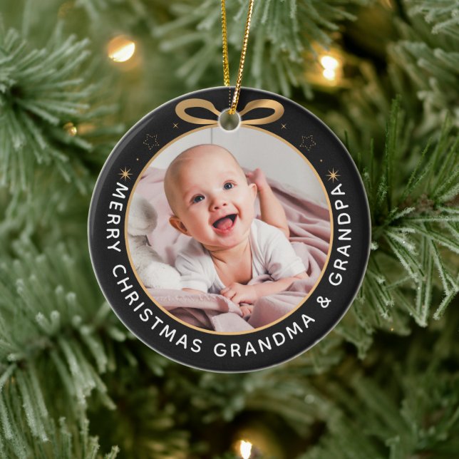 First Christmas as Grandparents Black Gold Photo Ceramic Ornament (Tree)