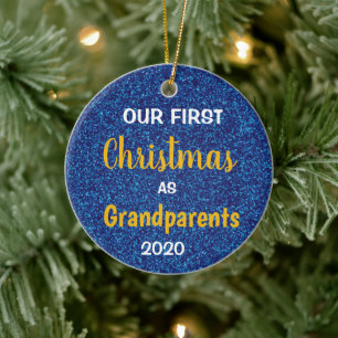 First Christmas as Grandparents Blue Glitter Photo Ceramic Ornament