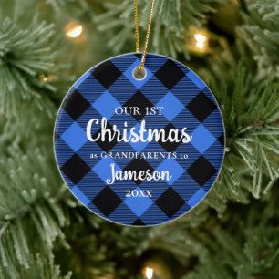 First Christmas as Grandparents Blue Plaid Photo Ceramic Ornament