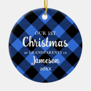 First Christmas as Grandparents Blue Plaid Round  Ceramic Ornament
