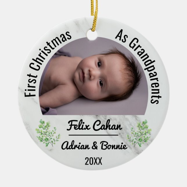 First Christmas as Grandparents & Custom 2 Photo Ceramic Ornament (Front)