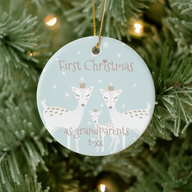 First Christmas as Grandparents - Cute Deer Blue Ceramic Ornament (Tree)