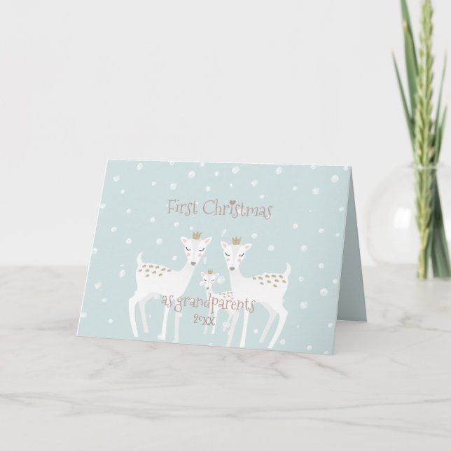 First Christmas as Grandparents - Cute Deer Blue Holiday Card (Front)