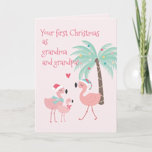 First Christmas as Grandparents - Cute Flamingo  Card (Front)
