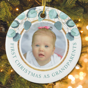 First Christmas As Grandparents Eucalyptus Photo Ceramic Ornament