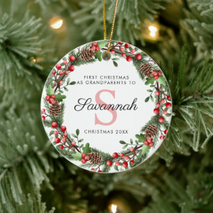 First Christmas As Grandparents Floral Wreath Ceramic Ornament