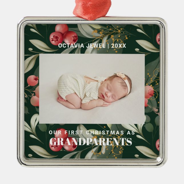 First Christmas as Grandparents Flowers Berries  Metal Ornament (Front)