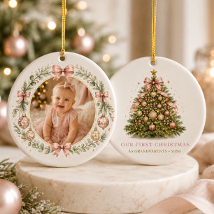 First Christmas as Grandparents Girl Bow Photo Ceramic Ornament