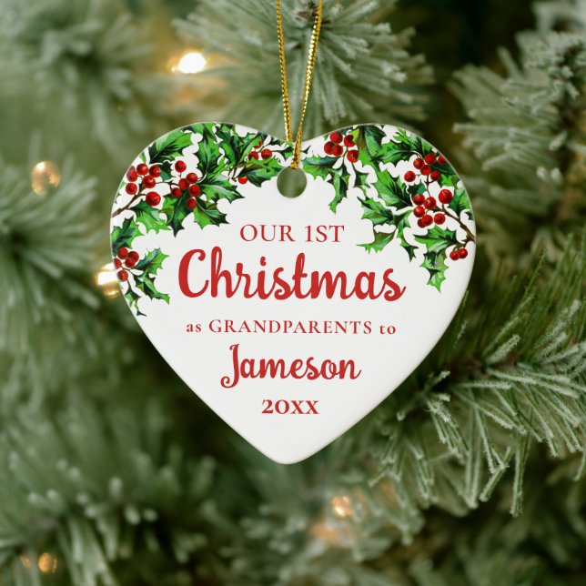 First Christmas as Grandparents Holly Heart Photo Ceramic Ornament (Tree)