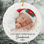 First Christmas As Grandparents Photo Ceramic Ornament<br><div class="desc">This cute Grandparents Christmas Ornament is decorated with gold stars on a white background.
Easily customisable with baby's photo and year.
Please note that the small white stars are not included in the design.</div>
