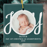 First Christmas As Grandparents Photo Green Ceramic Ornament<br><div class="desc">This keepsake First Christmas As Grandparents photo ornament is decorated with the word JOY in stylish script typography on a green background. Easily customisable.</div>