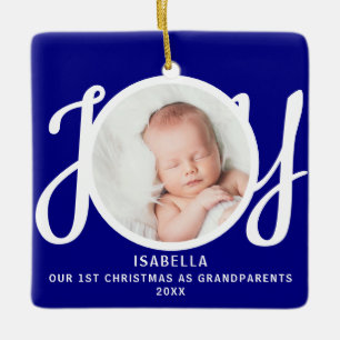First Christmas As Grandparents Photo Joy Blue Ceramic Ornament