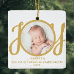 First Christmas As Grandparents Photo Keepsake Ceramic Ornament<br><div class="desc">This keepsake First Christmas As Grandparents photo ornament is decorated with the word JOY in gold,  stylish script typography on a white background. Easily customisable.</div>