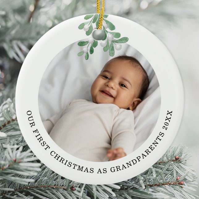 First Christmas As Grandparents Photo Mistletoe Ceramic Ornament (Creator Uploaded)