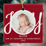 First Christmas As Grandparents Photo Red Keepsake Ceramic Ornament<br><div class="desc">This keepsake First Christmas As Grandparents photo ornament is decorated with the word JOY in stylish script typography on a red background. Easily customisable.</div>