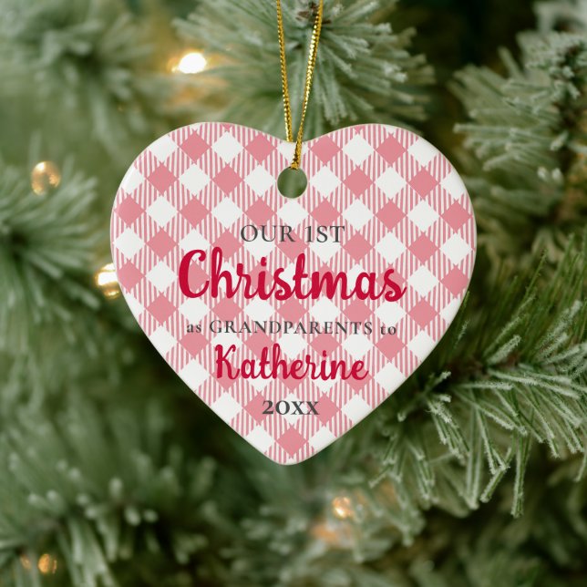 First Christmas as Grandparents Pink Heart Photo Ceramic Ornament (Tree)