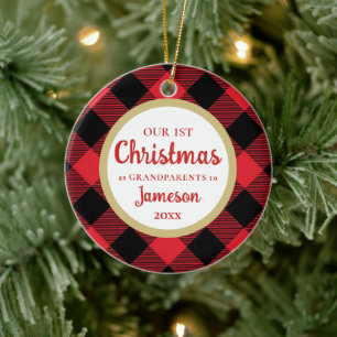 First Christmas as Grandparents Plaid Ceramic Ornament