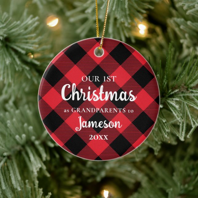 First Christmas as Grandparents Plaid Photo Ceramic Ornament (Tree)