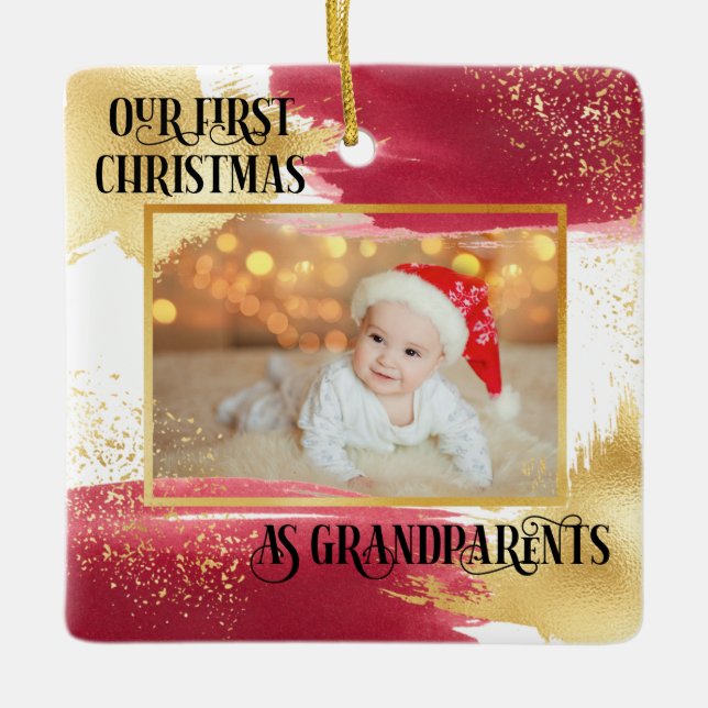 First Christmas as Grandparents Red and Gold Ceramic Ornament (Front)