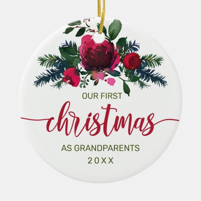 First Christmas as Grandparents Red Floral Photo Ceramic Ornament (Front)