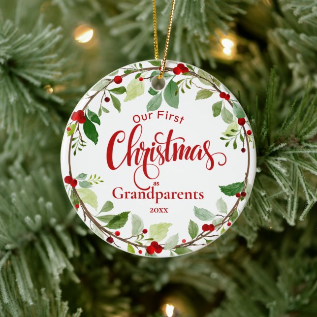 First Christmas as Grandparents Red Holly  Ceramic Ornament (Tree)