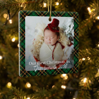 First Christmas as Grandparents Red Plaid Photo Ceramic Ornament