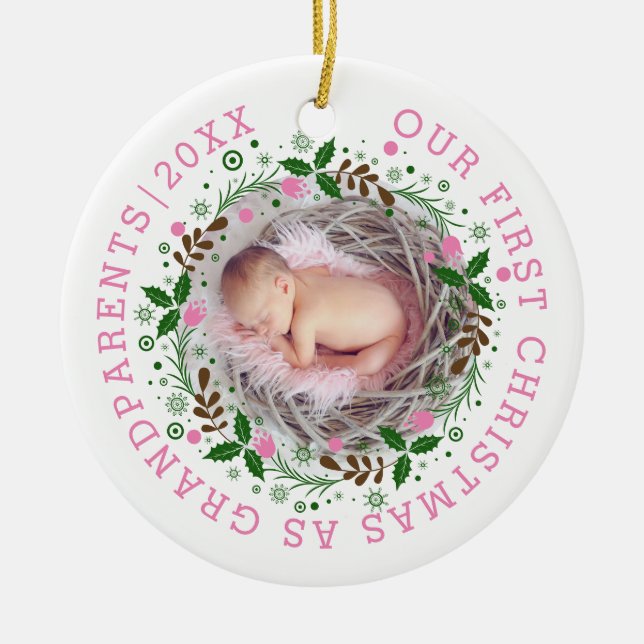 First Christmas as grandparents wreath pink photo Ceramic Ornament (Front)