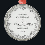 First Christmas as Husband & Wife Silver Wreath  Metal Ornament<br><div class="desc">Embrace the joy of being husband and wife during your first Christmas together with this exquisite silver glitter foliage metal ornament</div>