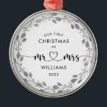 First Christmas as Husband & Wife Silver Wreath  Metal Ornament<br><div class="desc">Embrace the joy of being husband and wife during your first Christmas together with this exquisite silver glitter foliage metal ornament</div>