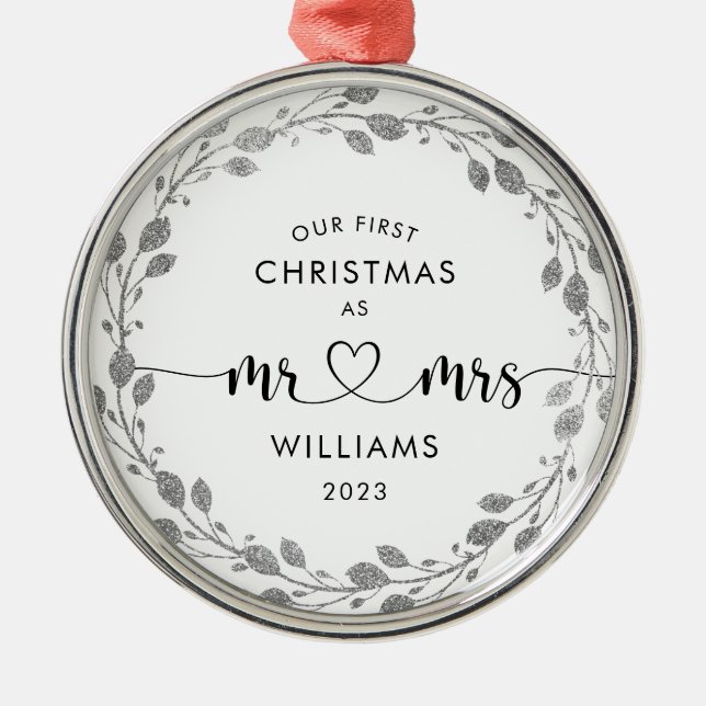 First Christmas as Husband & Wife Silver Wreath  Metal Ornament (Front)