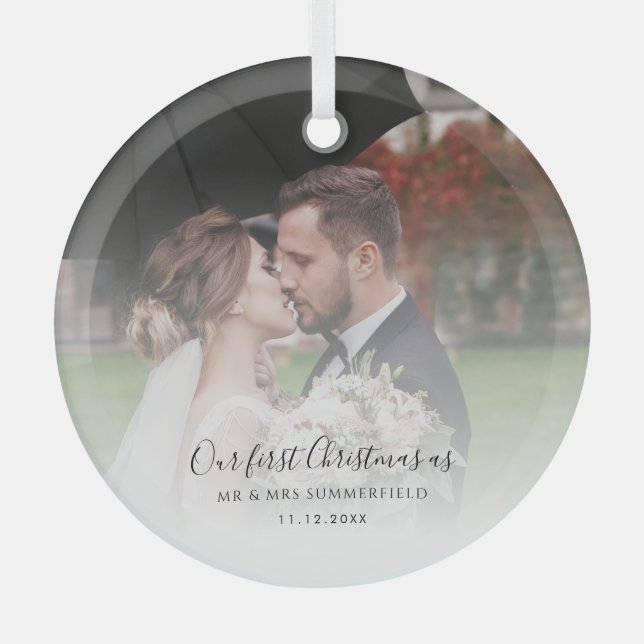 First Christmas as Married Wedding Photo Custom Glass Tree Decoration (Front)