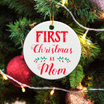 First Christmas as Mom white with photo Ceramic Ornament<br><div class="desc">This Christmas tree ornament is perfect to celebrate your first Christmas as a Mom. It says "First Christmas as Mom" in a modern red font on a white background. The other side features a customizable picture of the baby, with name and date of birth. For further customization or other matching...</div>