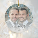 First Christmas as Mr and Mr LGBTQ Keepsake Ceramic Ornament<br><div class="desc">Commemorate the first Christmas of your marriage with this beautiful modern keepsake ornament. The charcoal grey text reads "Our first Christmas as Mr & Mr, " with the words "Mr & Mr" in elegant handwriting script with flourishes before and after. Replace the sample image with your favourite photo, and add...</div>