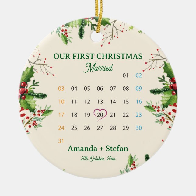 First Christmas as Mr and Mrs Calendar Keepsake Ceramic Ornament (Front)