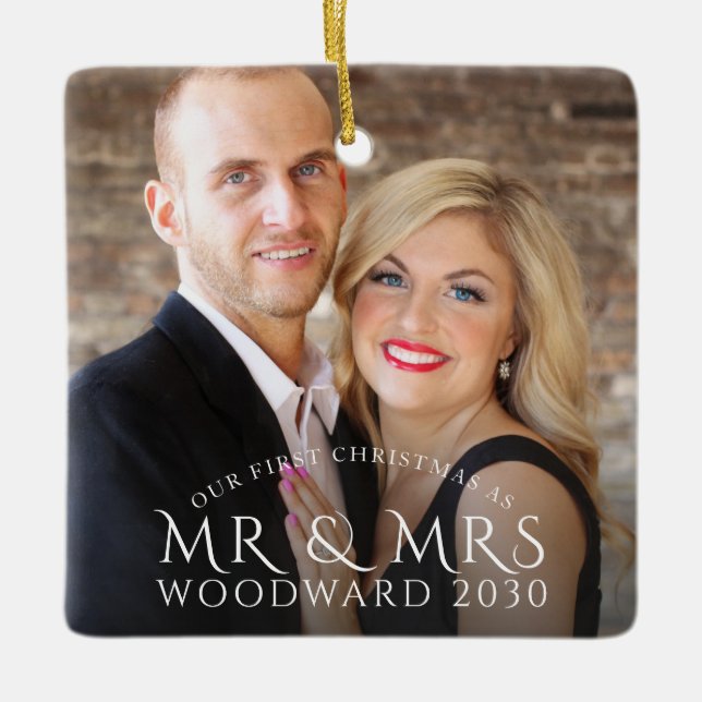 First Christmas As Mr And Mrs Couple Photo Ceramic Ornament (Front)