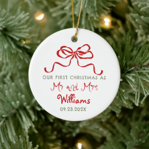 First Christmas As Mr and Mrs Custom Bow Ceramic Ornament