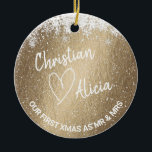 First Christmas as Mr and Mrs gold Ornament<br><div class="desc">Personalised Christmas ornament with "Our first xmas as Mr and Mrs" lettering on the front. Gold background looks very festive with white snowflakes frame! All text is editable. If you need to make futher changes to the design,  click on "Customise futher"</div>