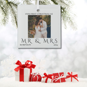 First Christmas As Mr and Mrs Modern Couple Photo Glass Tree Decoration