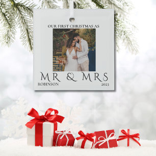 First Christmas As Mr and Mrs Modern Couple Photo Glass Tree Decoration