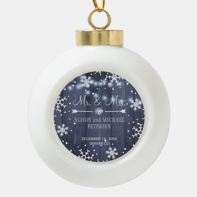 First Christmas as Mr and Mrs newlyweds winter Ceramic Ball Christmas Ornament (Front)
