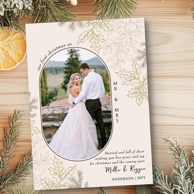 First Christmas as Mr and Mrs Oval Photo Holiday Card (First christmas as Mr and Mrs Christmas Photo Card by Darling & May)