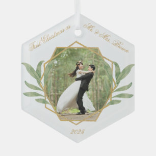 First Christmas as Mr and Mrs Photo Gold Greenery Glass Tree Decoration